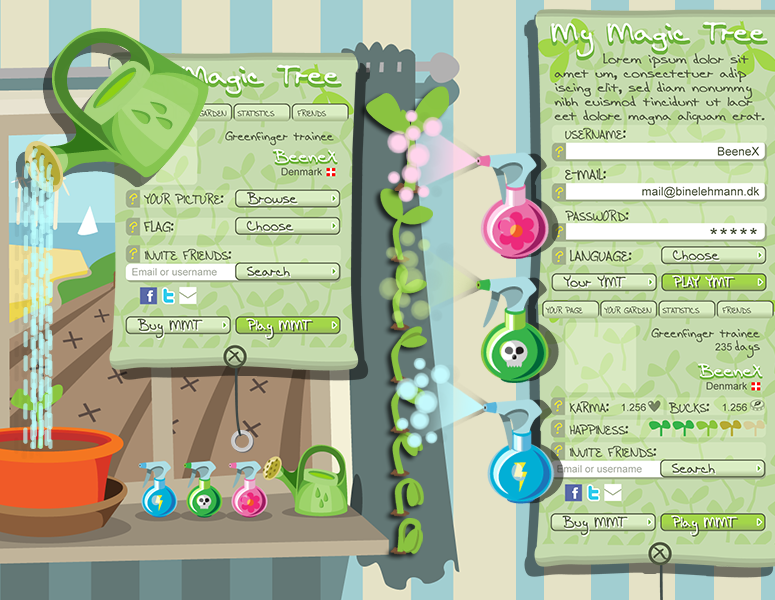 Magic Tree mobilt spil: Id�, id�udvikling, interface design, illustrationer, animationer, flow mv.