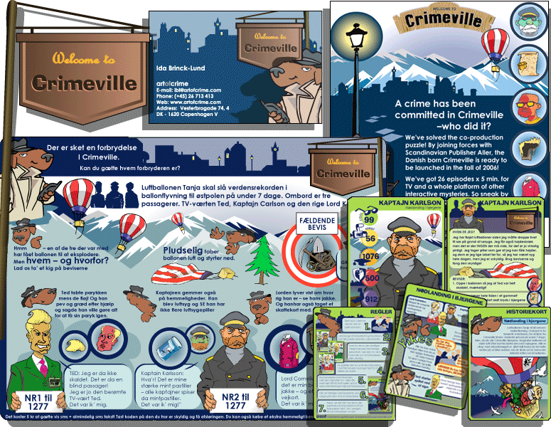 CRIMEVILLE - B&oslash;rne community - layout af tradingcards, comicstrip, magasin mv for Art of Crime