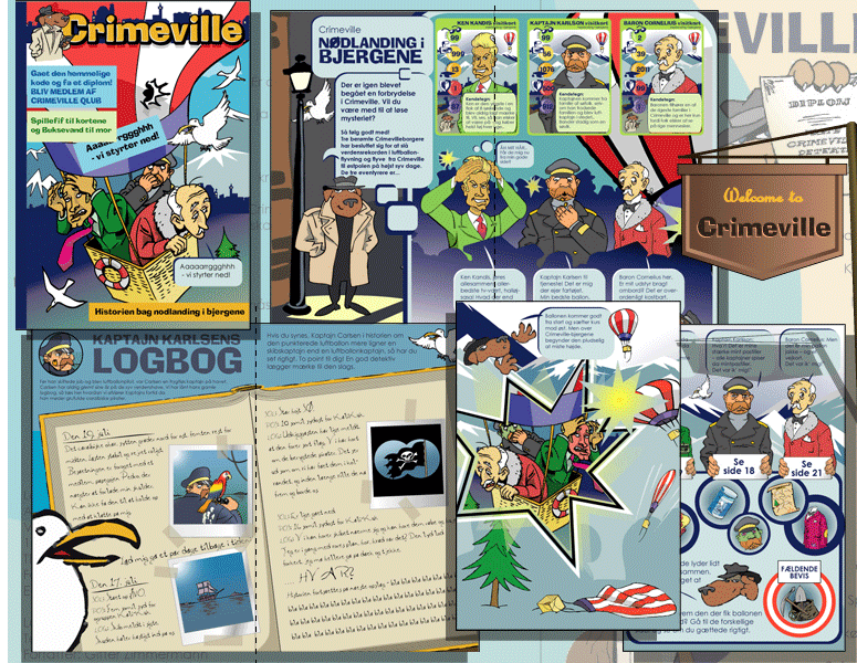 CRIMEVILLE - B&oslash;rne community - layout af tradingcards, comicstrip, magasin mv for Art of Crime