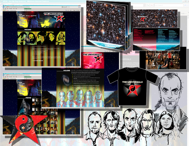 WWW:THEUNIVERZALS:COM - Layout cdcover, booklet, t-shirt print, website, karikaturer.